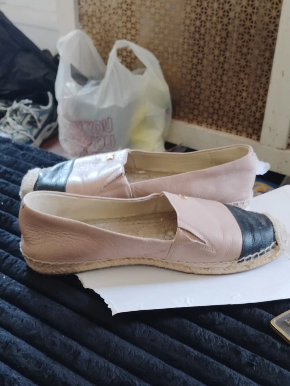 MICHAEL KORS KENDRICK LEATHER SLIP ON ESPADRILLES W/ BLUSH UPPER & BLACK TOE CAP